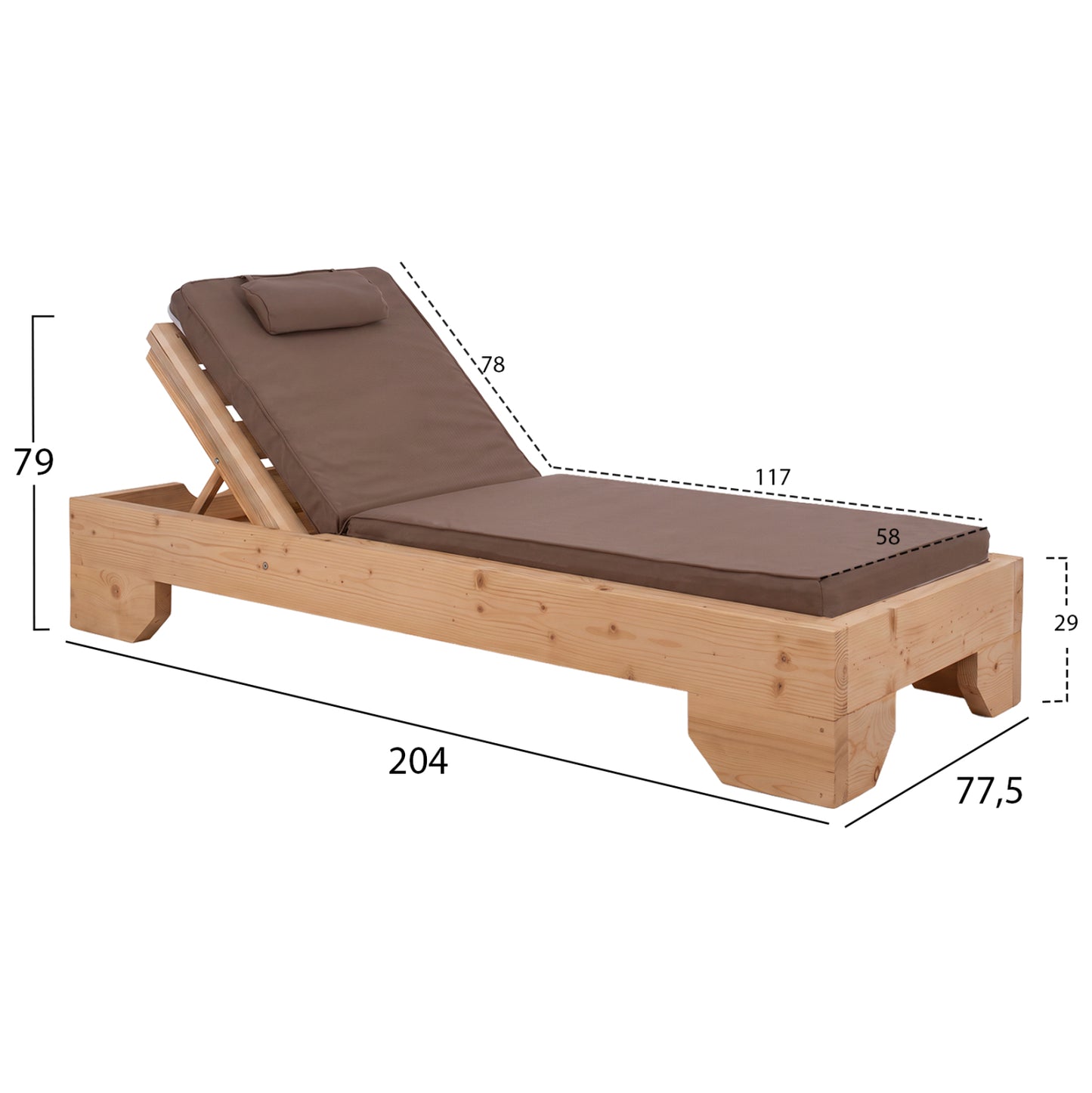 BEACH LOUNGER MAKEDONIA HM12111 PINE WOOD IN NATURAL--CUSHION IN MOCHA 77.5x204x79Hcm.