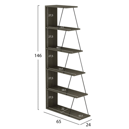 BOOKCASE MINI TARS HM2241.13 OLIVE GREY MELAMINE-BLACK METAL RODS 65x22-24x146Hcm.