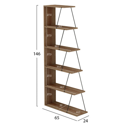 BOOKCASE MINI TARS HM2241.14 NATURAL OAK MELAMINE-BLACK METAL RODS 65x22-24x146Hcm.