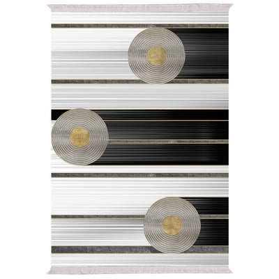 LIVING ROOM CARPET WITH FRINGES WHITE-BLACK-GOLD 80Χ150cm.HM7676.24