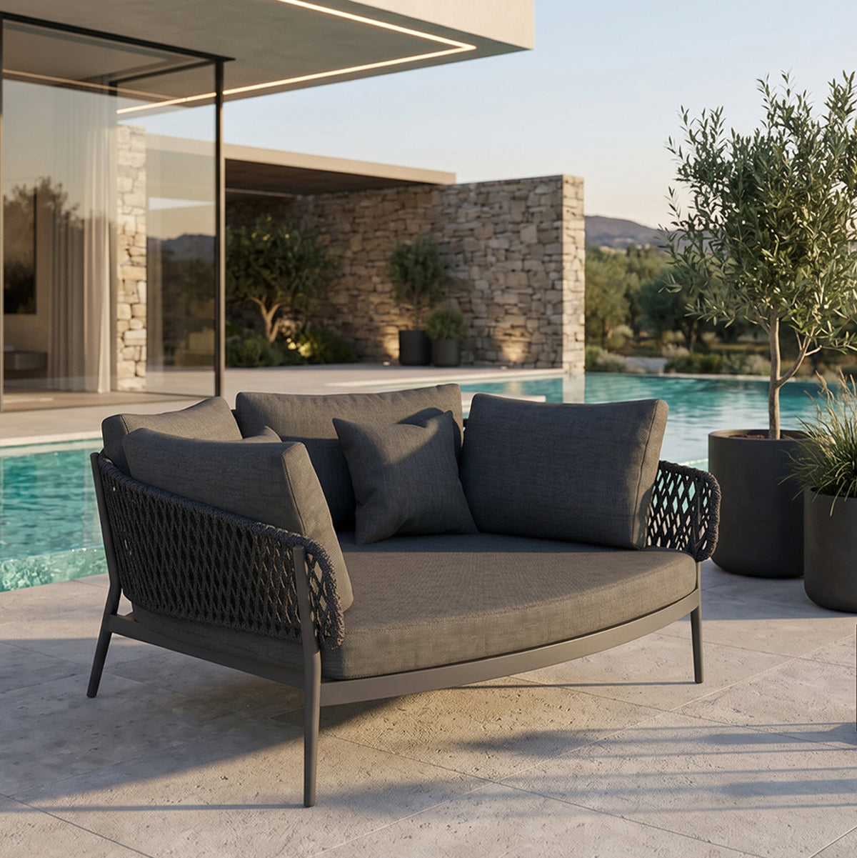 DAYBED 2ΘΕΣΙΟ ΣΕΙΡΑ CAMELLIA HM6217.01 ΣΚΟΥΡΟ ΓΚΡΙ ΑΛΟΥΜΙΝΙΟ-P.E.ΣΧΟΙΝΙ-OLEFIN 164x144x70Υεκ.