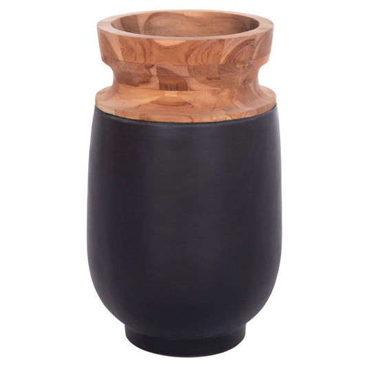 DECORATIVE FLOOR VASE LINTER HM4662.01S FIBER CEMENT IN BLACK--TEAK WOOD Φ34x60Hcm.