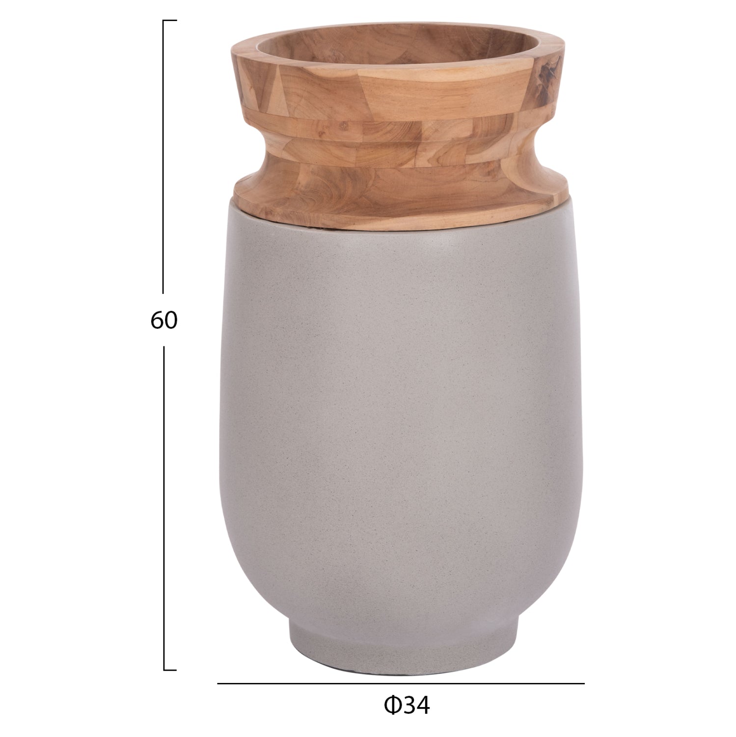 DECORATIVE FLOOR VASE LINTER HM4662.03S FIBER CEMENT IN GREY--TEAK WOOD Φ34x60Hcm.