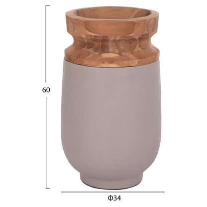 DECORATIVE FLOOR VASE LINTER HM4662.05S FIBER CEMENT IN GREY MATTE--TEAK WOOD Φ34x60Hcm.