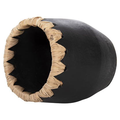 DECORATIVE VASE HM4368 TERRACOTTA IN BLACK WITH STRAW WEAVING ON THE RIM Φ13x16Hcm.