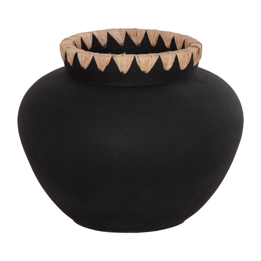 DECORATIVE VASE RENTON(L) HM4370 TERRACOTTA IN BLACK-STRAW WEAVING ON THE RIM Φ32x26.5Hcm.