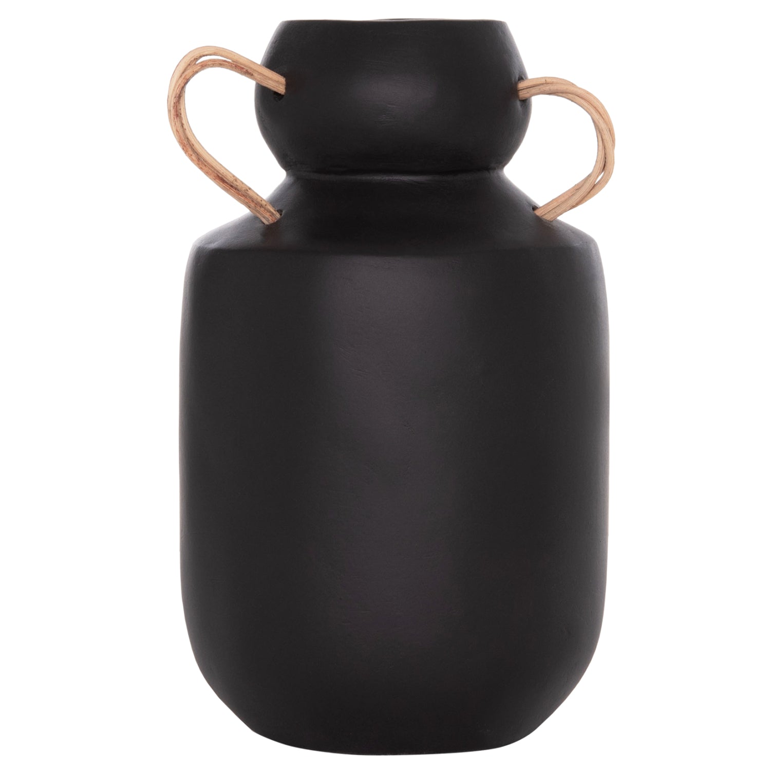 DECORATIVE VASE MIBO HM4688.01M TERRACOTTA IN BLACK--HANDLES NATURAL RATTAN Φ16.5x26Hcm.