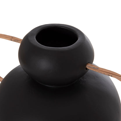 DECORATIVE VASE MIBO HM4688.01S TERRACOTTA IN BLACK--HANDLES NATURAL RATTAN 27x15x20Hcm