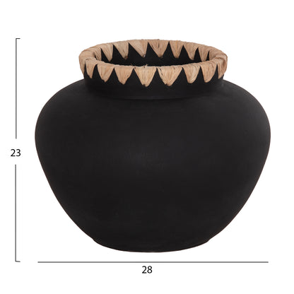 DECORATIVE VASE RENTON(M) HM4732 TERRACOTTA IN BLACK-STRAW WEAVING ON THE RIM Φ28x23Hcm.