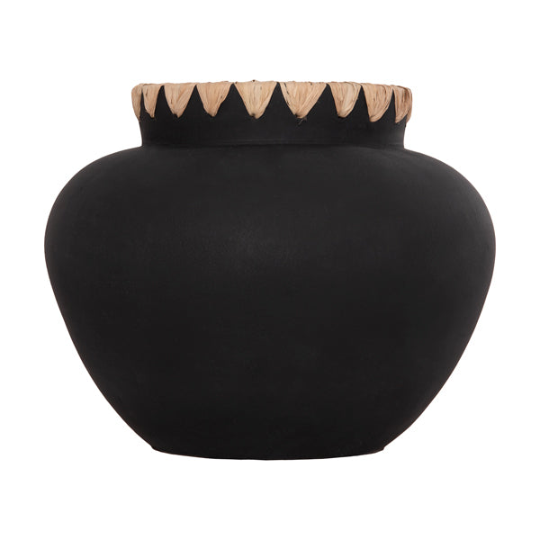 DECORATIVE VASE RENTON(M) HM4732 TERRACOTTA IN BLACK-STRAW WEAVING ON THE RIM Φ28x23Hcm.