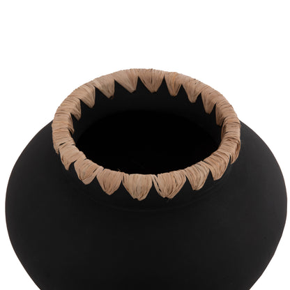 DECORATIVE VASE RENTON(M) HM4732 TERRACOTTA IN BLACK-STRAW WEAVING ON THE RIM Φ28x23Hcm.