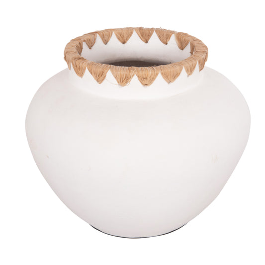 DECORATIVE VASE RENTON(M) HM4734 TERRACOTTA IN WHITE-STRAW WEAVING ON THE RIM Φ28x23Hcm.