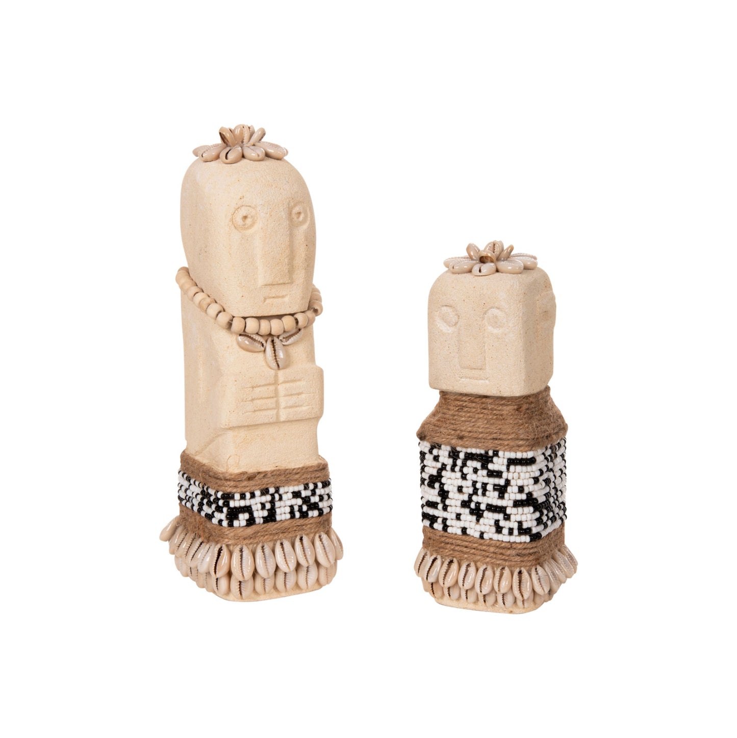 TABLE STATUETTE SUMBA HM4309 MADE OF WHITE PARAS STONE-BEADS-SEAGRASS ROPE 7x7x17Hcm.