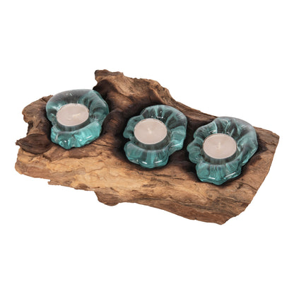 TABLE DECOR ΗΜ4282 CANDLE BASE-3 SPOTS-SOLID TEAK WOOD AND GLASS-NATURAL