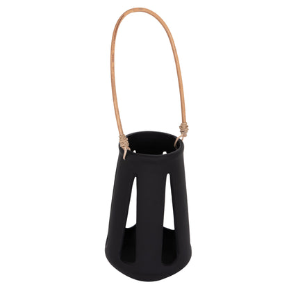 DECORATIVE TABLE LANTERN ERANTYL HM4696.01L BLACK FIBER CEMENT & RATTAN HANDLE Φ17x27Hcm