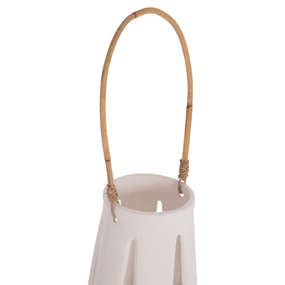 DECORATIVE TABLE LANTERN ERANTYL HM4696.02L WHITE FIBER CEMENT & RATTAN HANDLE Φ17x27Hcm