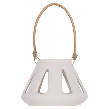 DECORATIVE TABLE LANTERN ERANTYL HM4696.02S WHITE FIBER CEMENT & RATTAN HANDLE Φ25x17Hcm