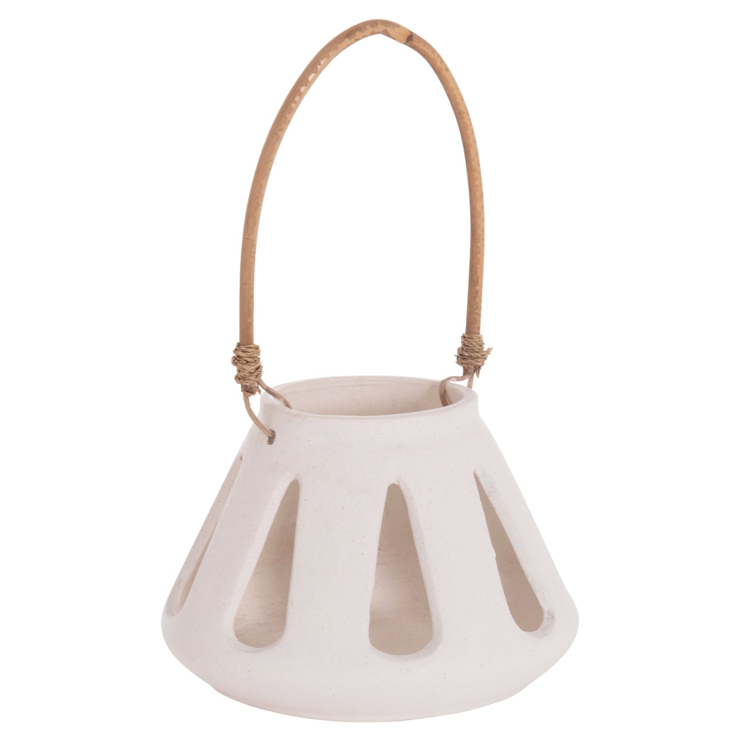 DECORATIVE TABLE LANTERN ERANTYL HM4696.02S WHITE FIBER CEMENT & RATTAN HANDLE Φ25x17Hcm