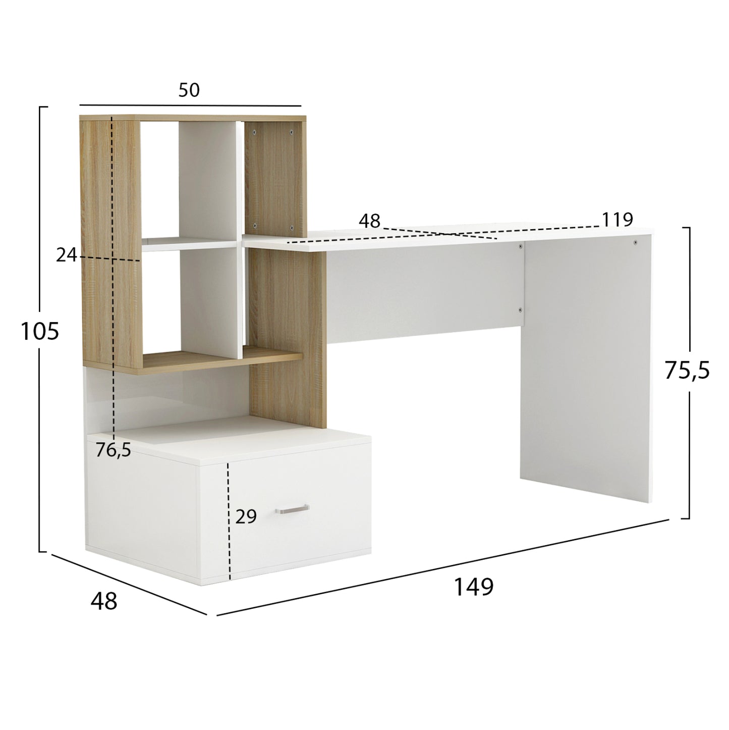 STUDENT SET 3PCS HM11205 STUDY DESK-BOOKCASE-OFFICE CHAIR--WHITE