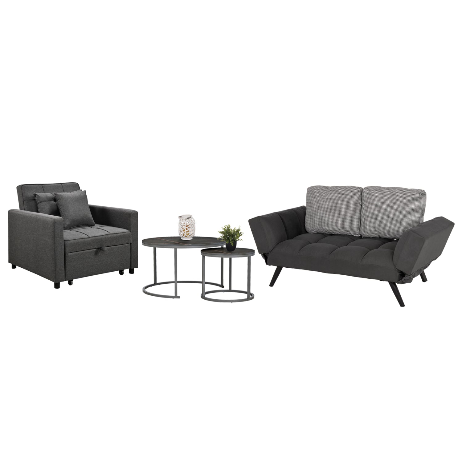 STUDENT LIVING ROOM SET 3PCS HM11385 GREY FABRIC--MDF IN BLACK MARBLE COLOR