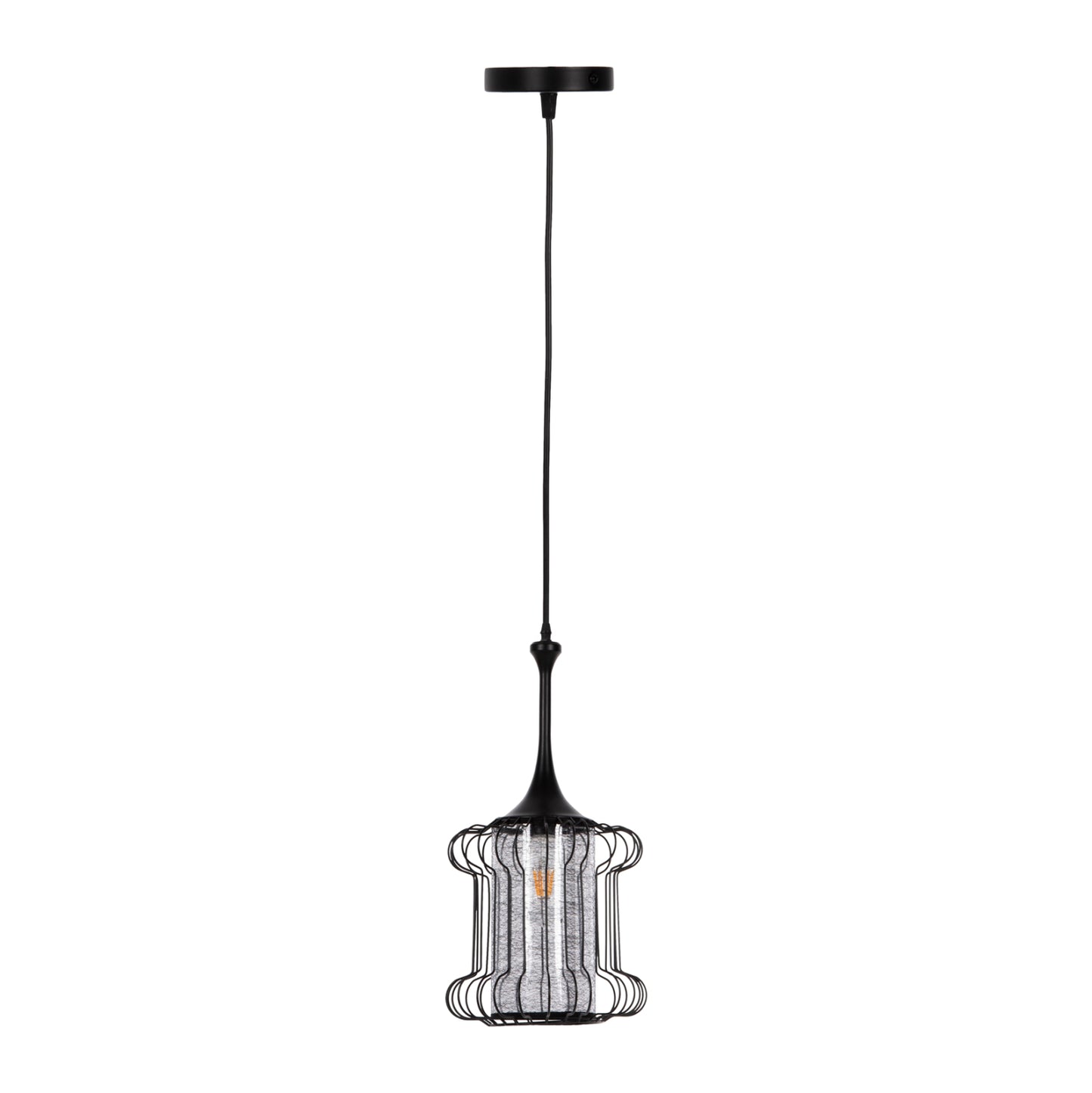 CEILING PENDANT LAMP HM4087 BLACK METAL-WHITE FABRIC Φ24x130Hcm.