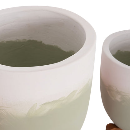 PLANTERS (POTS) 2PCS SET SEON HM4686.09 TERRACOTTA IN WHITE & GREEN--TEAK STANDS