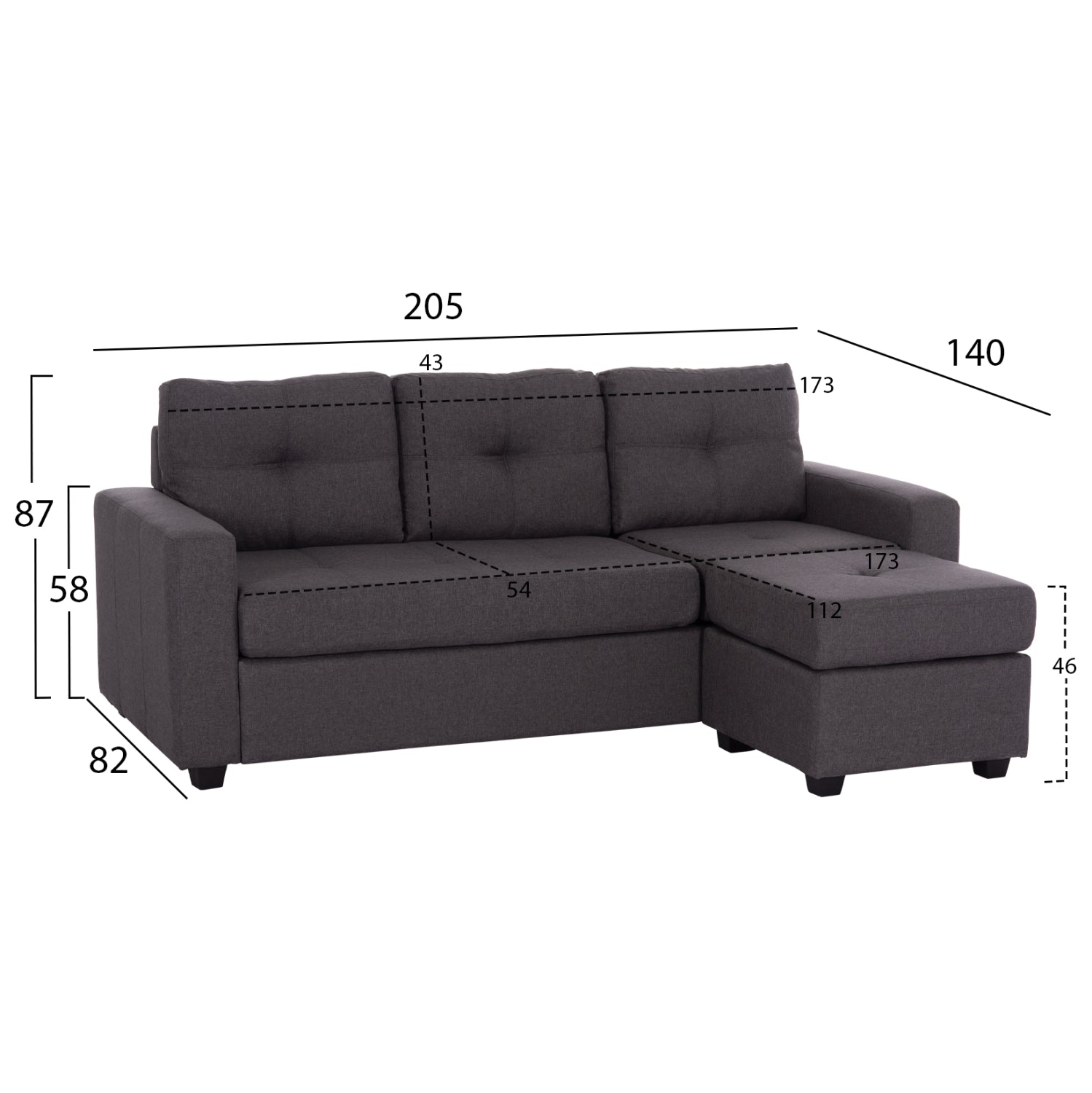 Reversible Corner Sofa PAGE HM3004.02 in Grey Fabric 205x82-140x87H cm.