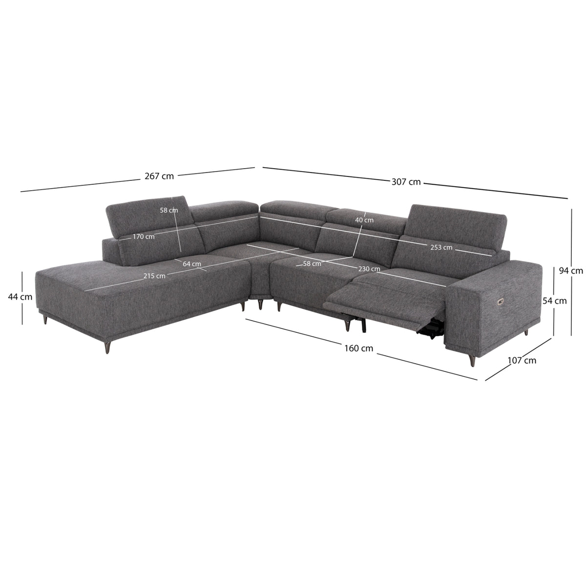ΚΑΝΑΠΕΣ ΑΡΙΣΤΕΡΗ ΓΩΝΙΑ 5Θ ΜΕ RECLINE LUNARIS HM3316.01L ΓΚΡΙ ΥΦΑΣΜΑ 307x267x94Yεκ