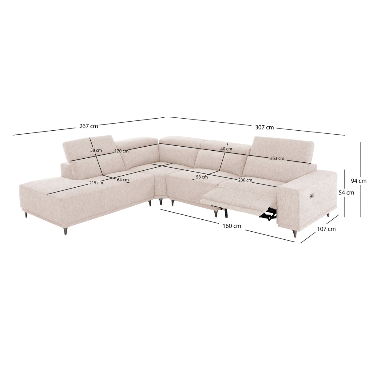 ΚΑΝΑΠΕΣ ΑΡΙΣΤΕΡΗ ΓΩΝΙΑ 5Θ ΜΕ RECLINE LUNARIS HM3316.02L ΕΚΡΟΥ ΥΦΑΣΜΑ 307x267x94Yεκ