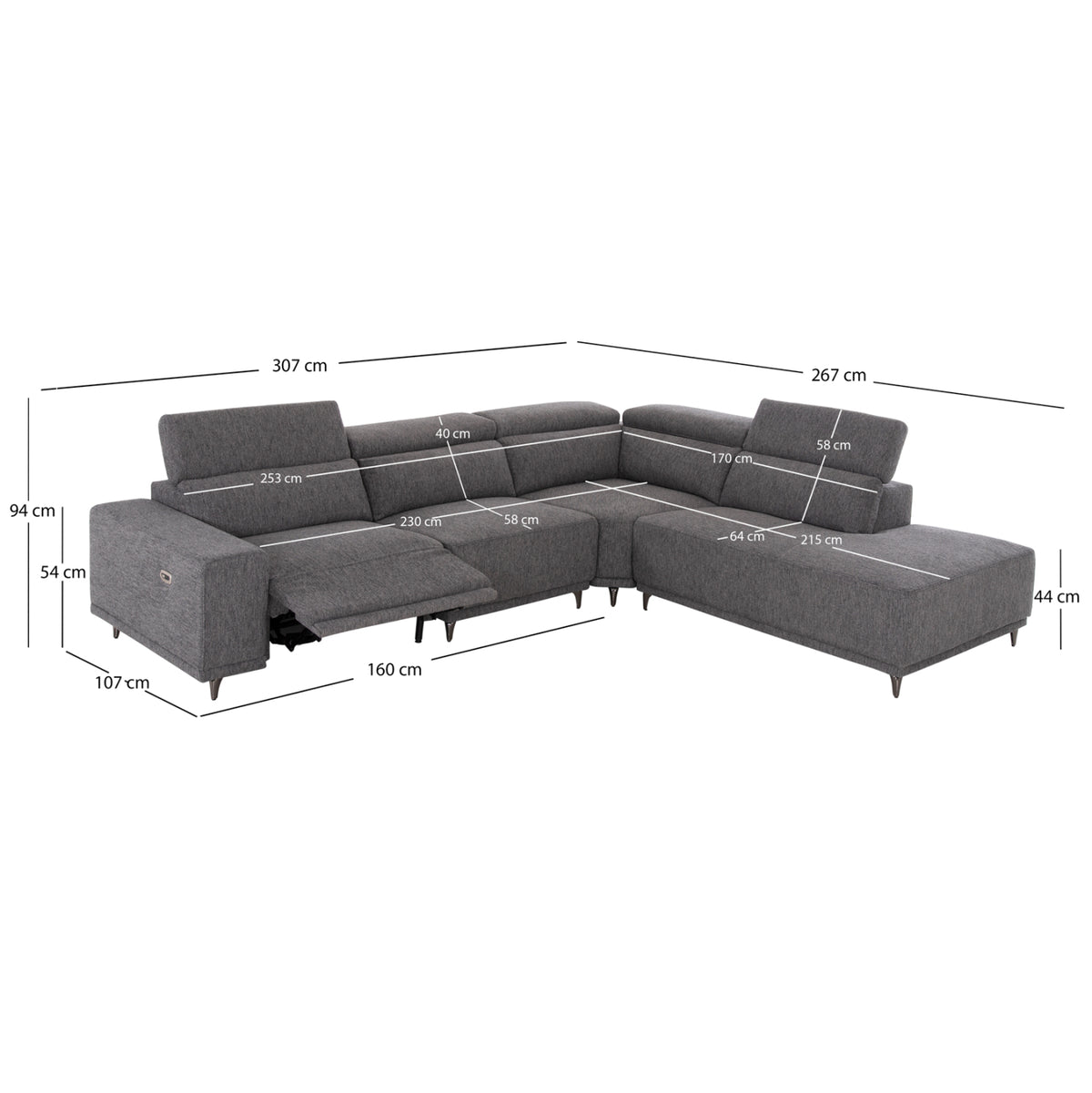 ΚΑΝΑΠΕΣ ΔΕΞΙΑ ΓΩΝΙΑ 5Θ ΜΕ RECLINE LUNARIS HM3316.01R ΓΚΡΙ ΥΦΑΣΜΑ 307x267x94Yεκ