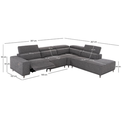 ΚΑΝΑΠΕΣ ΔΕΞΙΑ ΓΩΝΙΑ 5Θ ΜΕ RECLINE LUNARIS HM3316.01R ΓΚΡΙ ΥΦΑΣΜΑ 307x267x94Yεκ
