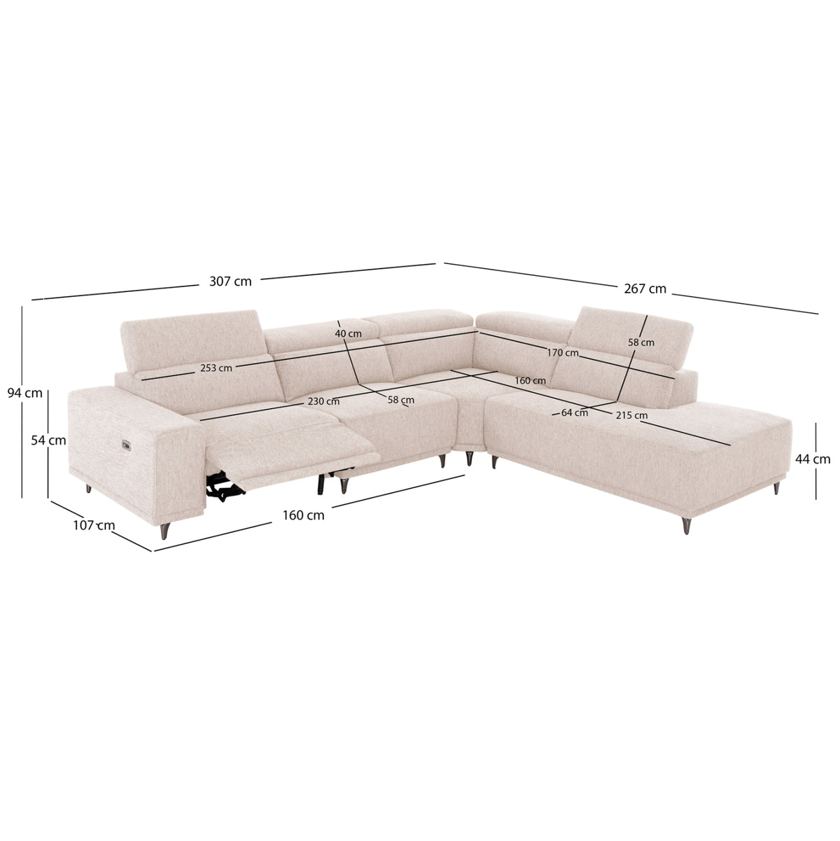 ΚΑΝΑΠΕΣ ΔΕΞΙΑ ΓΩΝΙΑ 5Θ ΜΕ RECLINE LUNARIS HM3316.02R ΕΚΡΟΥ ΥΦΑΣΜΑ 307x267x94Yεκ