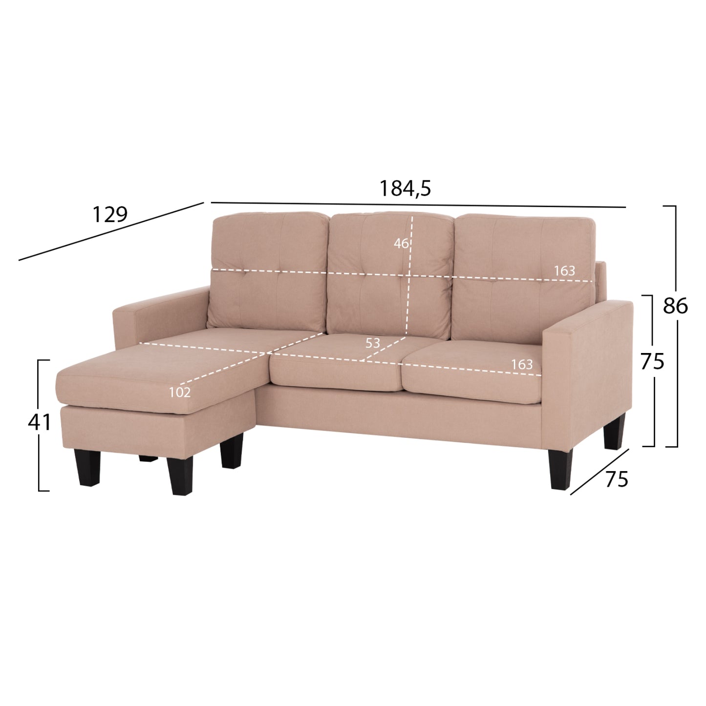 CORNER SOFA REVERSIBLE MEGGY HM3297.13 BEIGE FABRIC 184.5x75-129x86Hcm.