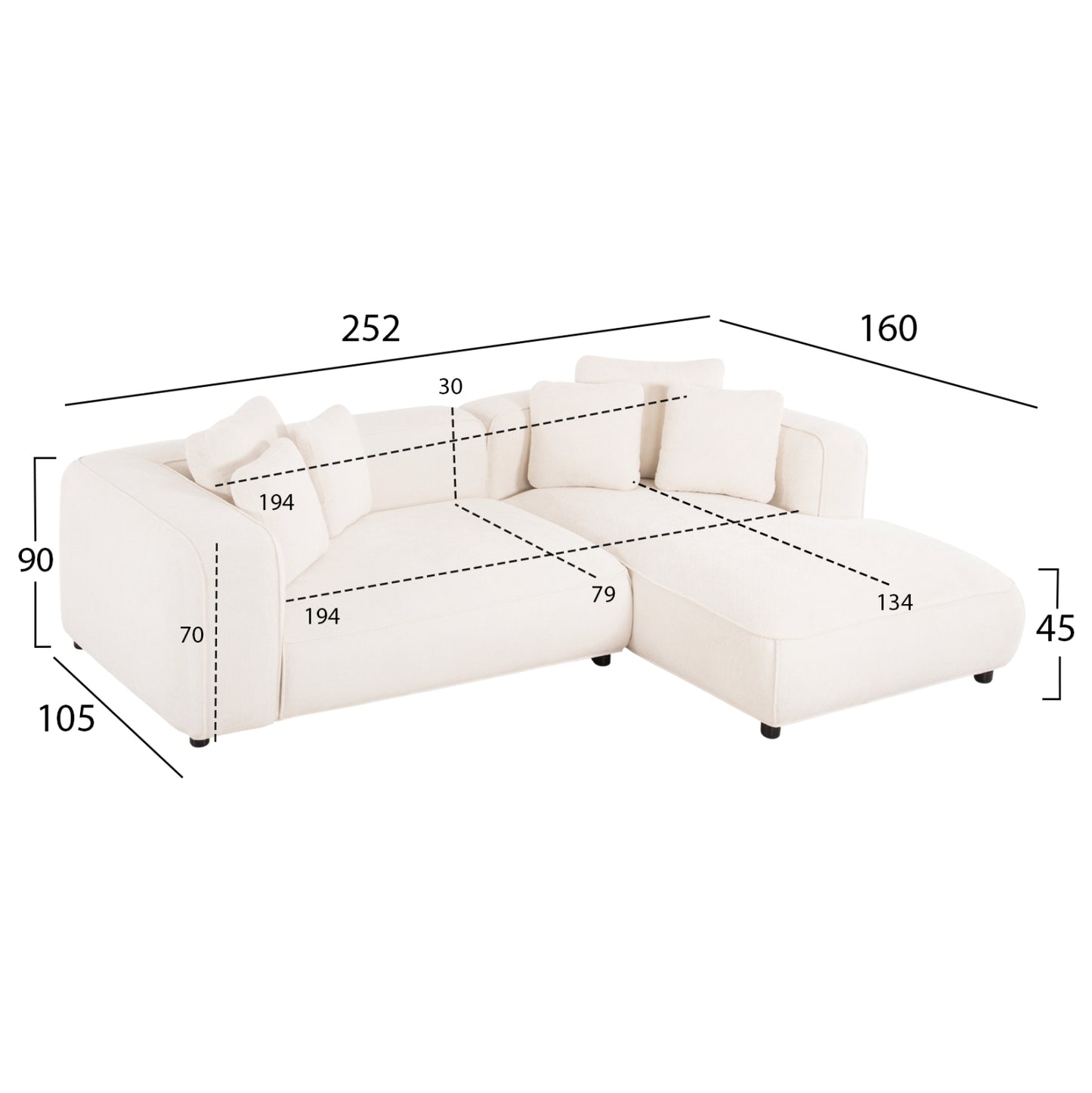 CORNER SOFA (RIGHT) 3-SEATER GRACE HM3280.02R WHITE FABRIC 252x105-160x70-90Hcm.