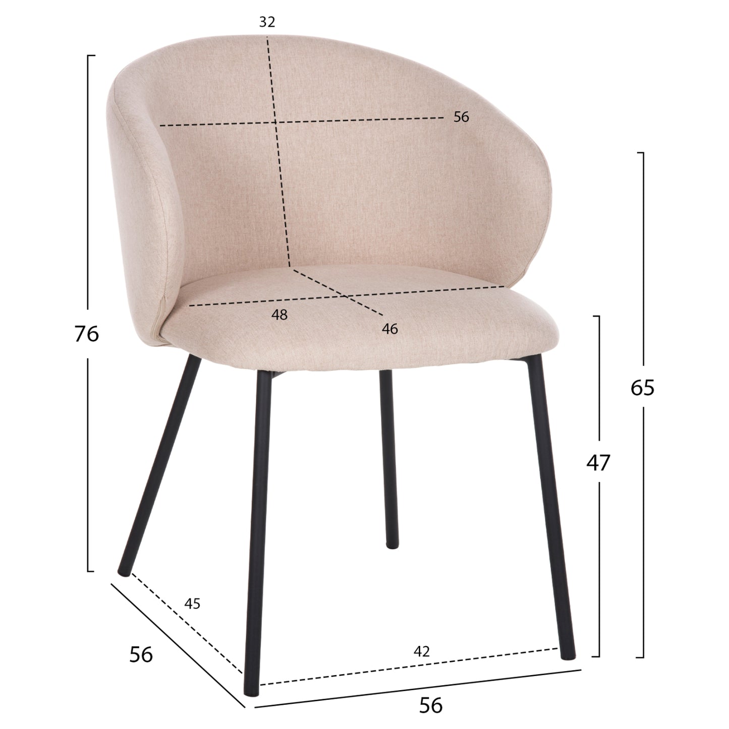 DINING CHAIR ISIAH HM9615.03 BEIGE FABRIC-BLACK METAL LEGS 56x56x76Hcm.