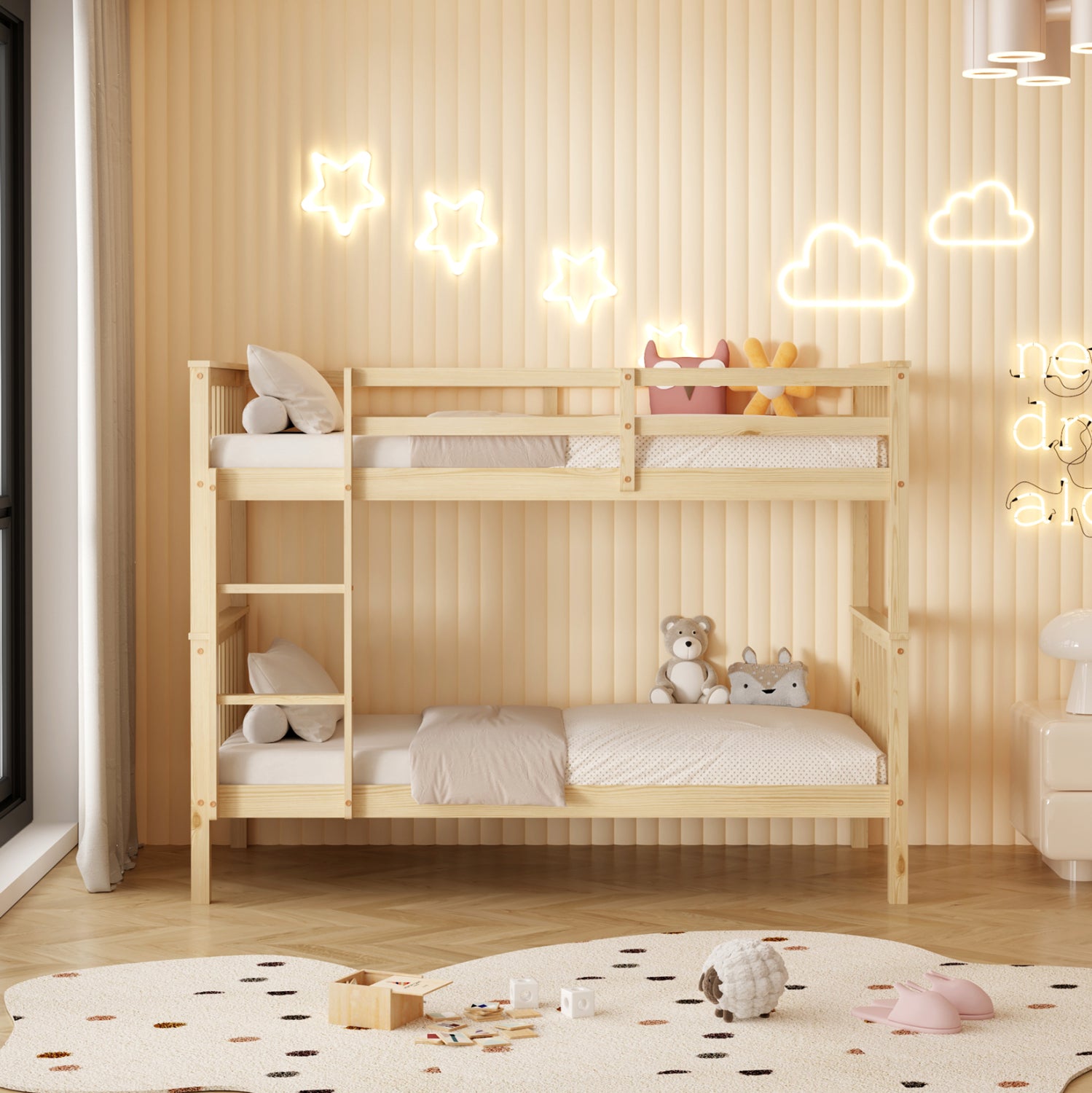BUNK BED WITH 2 MATTRESSES LANTAI HM21307 PINE WOOD IN NATURAL COLOR--FOR MATTRESSES 90x190cm