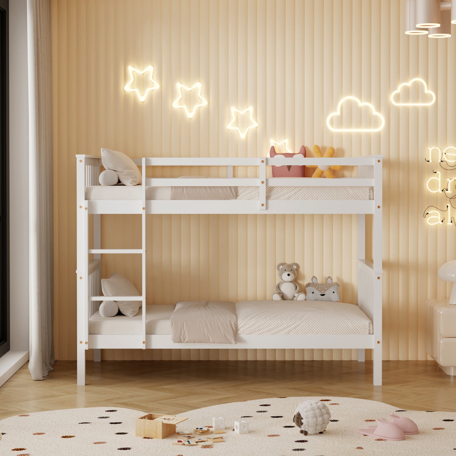 BUNK BED WITH 2 MATTRESSES LANTAI HM21307.01 PINE WOOD IN WHITE--FOR MATTRESSES 90x190cm