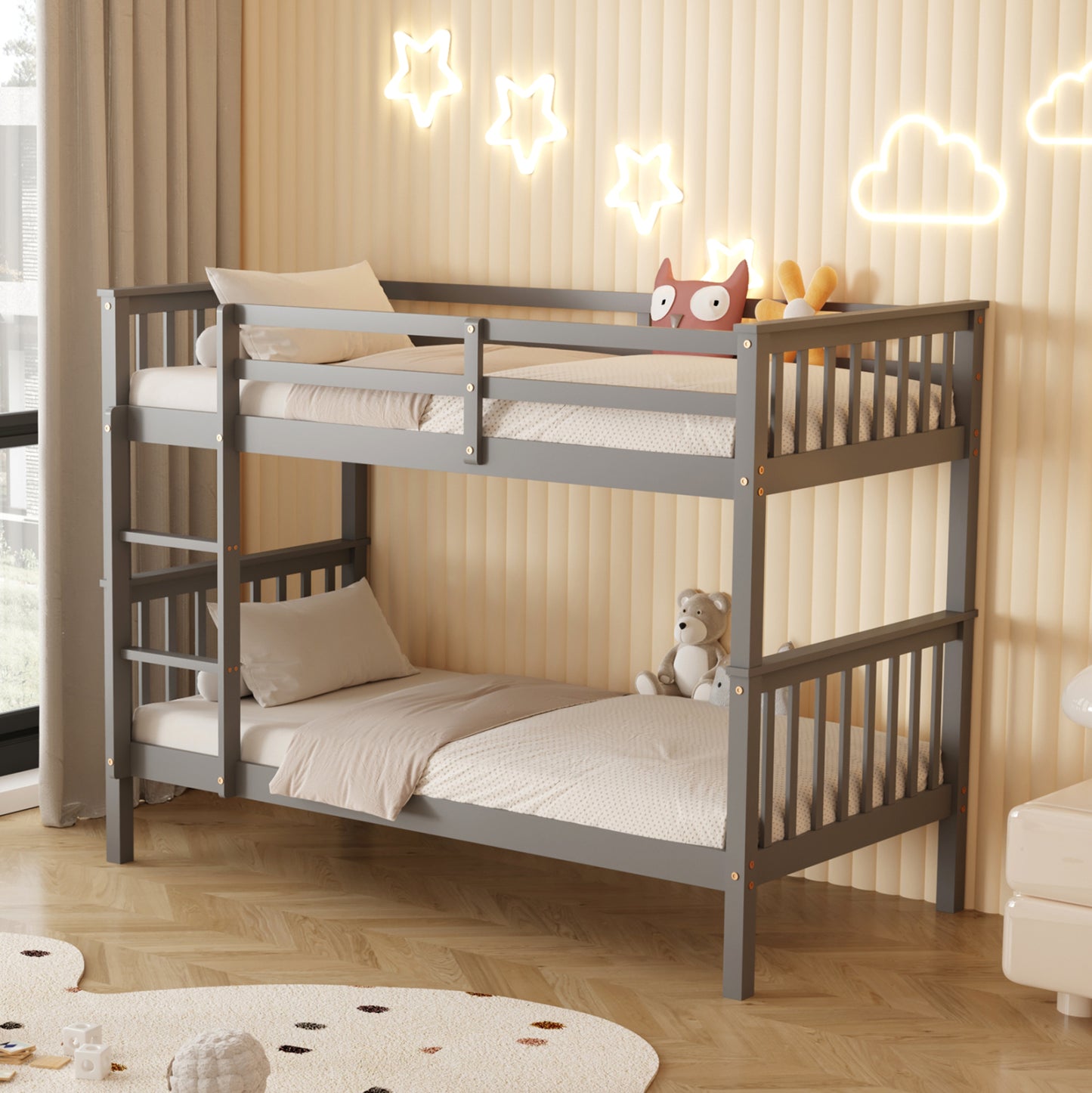 BUNK BED WITH 2 MATTRESSES LANTAI HM21307.02 PINE WOOD IN GREY--FOR MATTRESSES 90x190cm