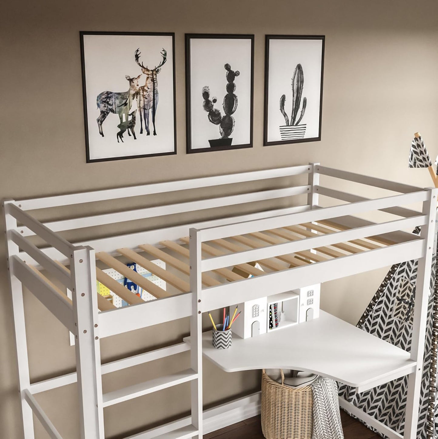 BUNK BED WITH DESK AKRON HM21311.01 PINE WOOD IN WHITE--WITH MATTRESS 90x190cm