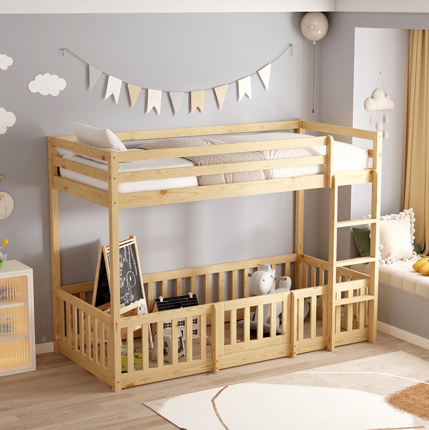 BUNK BED WITH PLAYPARK PLAYKID HM21312 PINE WOOD IN NATURAL COLOR--WITH MATTRESS 90x190cm
