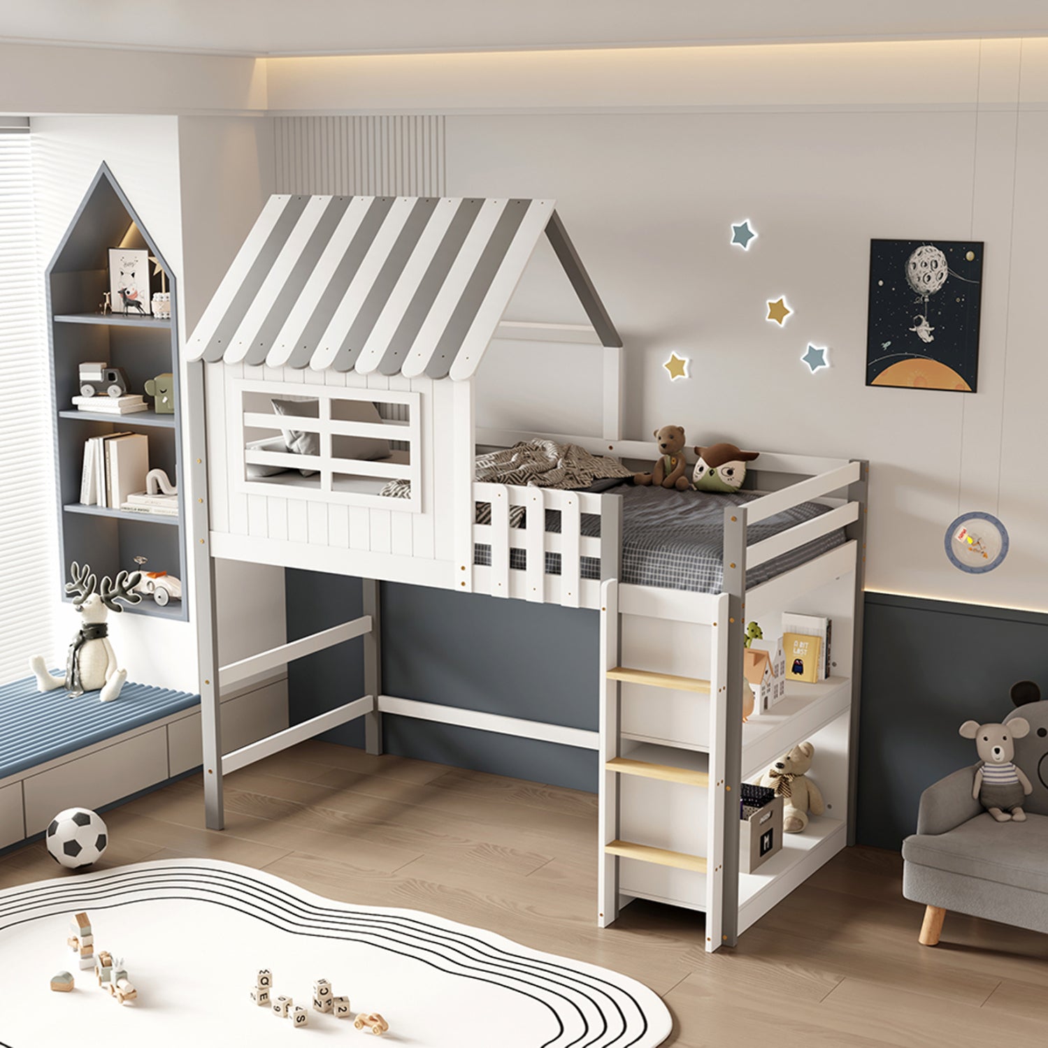 BUNK BED WITH SIDE SHELVES HOMI HM21321 PINE WOOD IN WHITE--FOR MATTRESS 90x190cm.