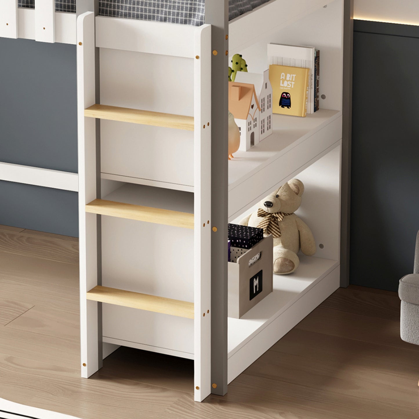 BUNK BED WITH SIDE SHELVES HOMI HM21321 PINE WOOD IN WHITE--FOR MATTRESS 90x190cm.