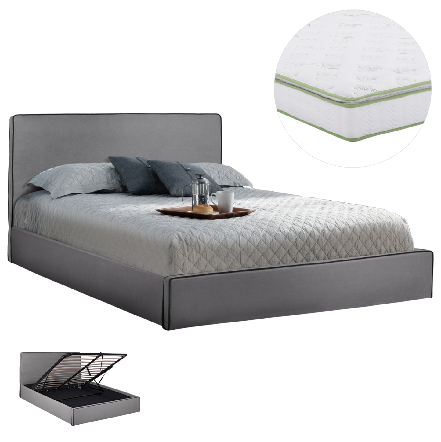 DOUBLE BED WITH MATTRESS & STORAGE SPACE ALLIE HM21170 GREY FABRIC--FOR 160X200cm.