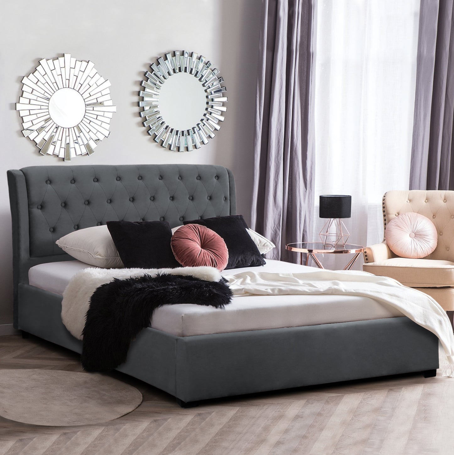 DOUBLE BED WITH MATTRESS ODALYS HM10761.01 VELVET IN GREY--FOR MATTRESS 150x200cm.