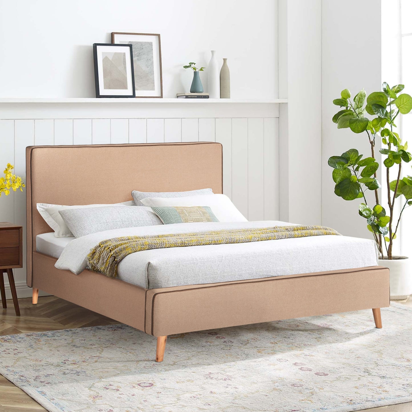 DOUBLE BED WITH MATTRESS INDRA HM10769.02 BEIGE FABRIC--FOR MATTRESS 160x200cm.