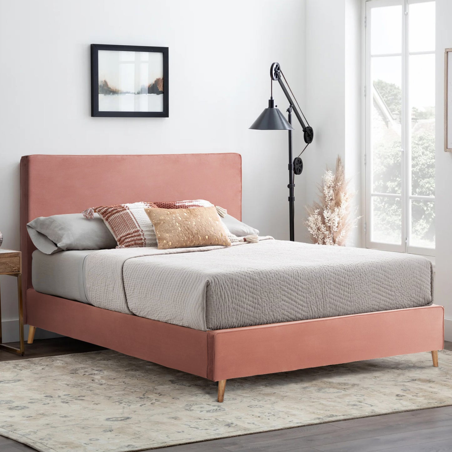 DOUBLE BED WITH MATTRESS INDRA HM10769.03 DUSTY PINK VELVET--FOR MATTRESS 160x200cm.