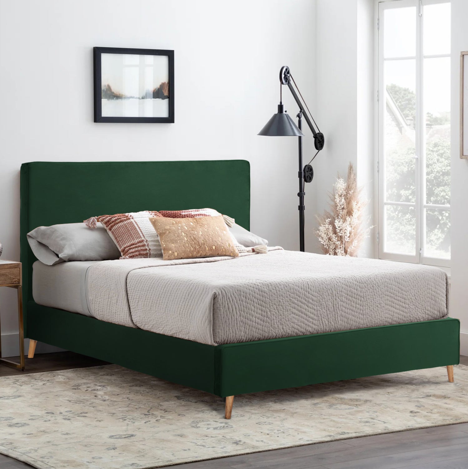 DOUBLE BED WITH MATTRESS INDRA HM10810.13 CYPRESS GREEN VELVET--FOR MATTRESS 160x200cm.