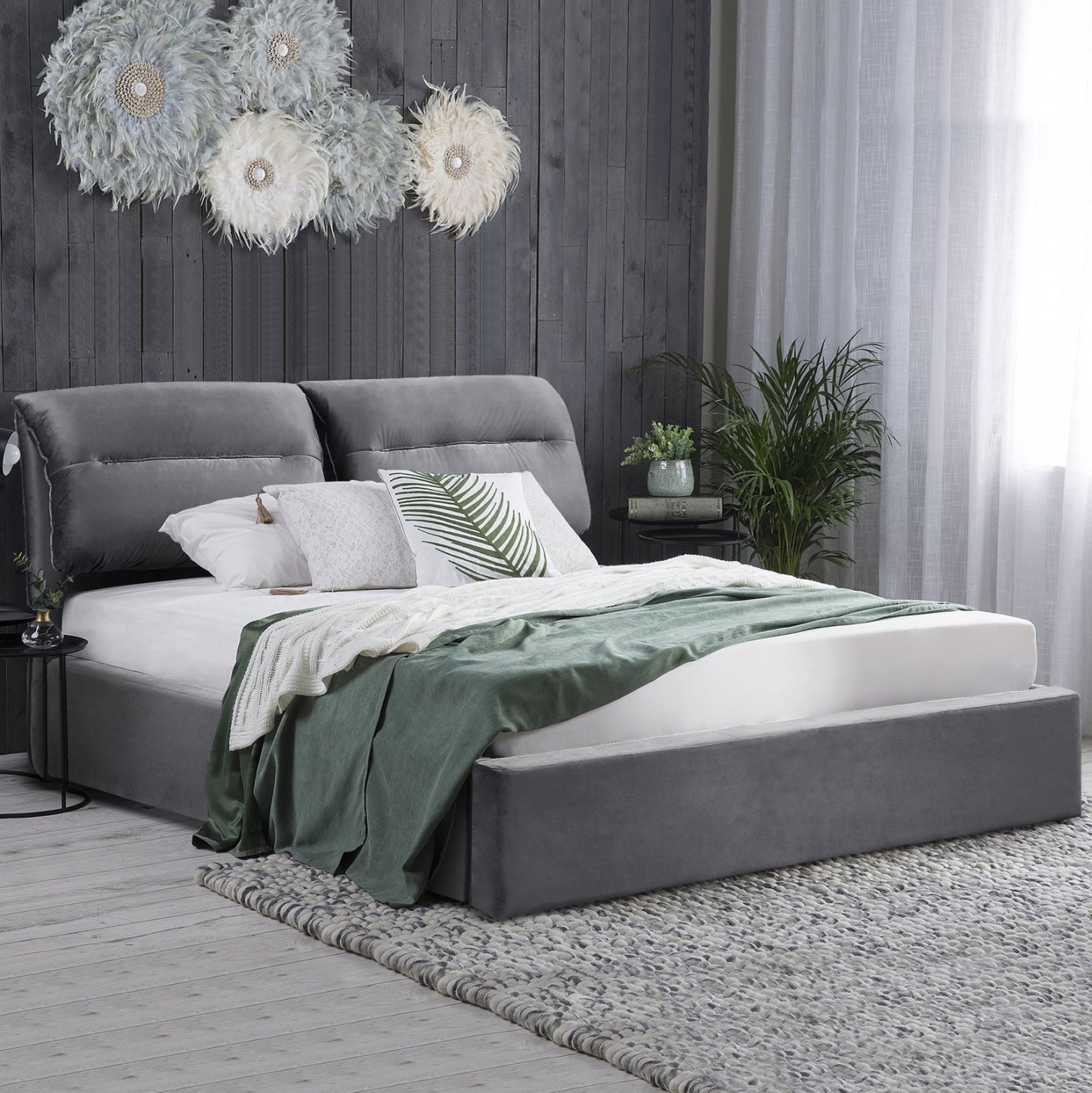 DOUBLE BED WITH MATTRESS KENDRA HM10720.01 GREY VELVET WITH STORAGE SPACE--FOR 160x200cm