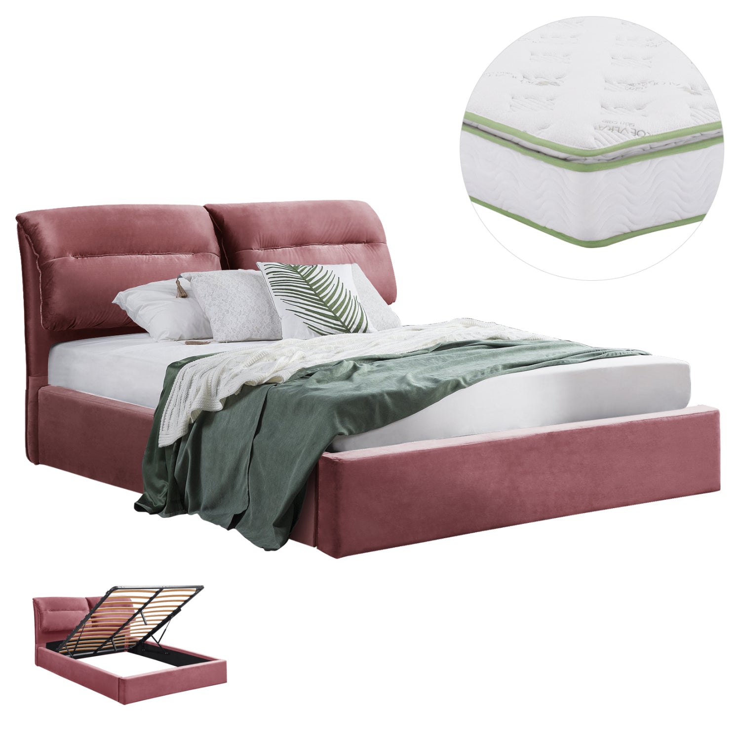 DOUBLE BED & MATTRESS KENDRA HM10830.02 DUSTY PINK VELVET WITH STORAGE SPACE--FOR 160x200cm