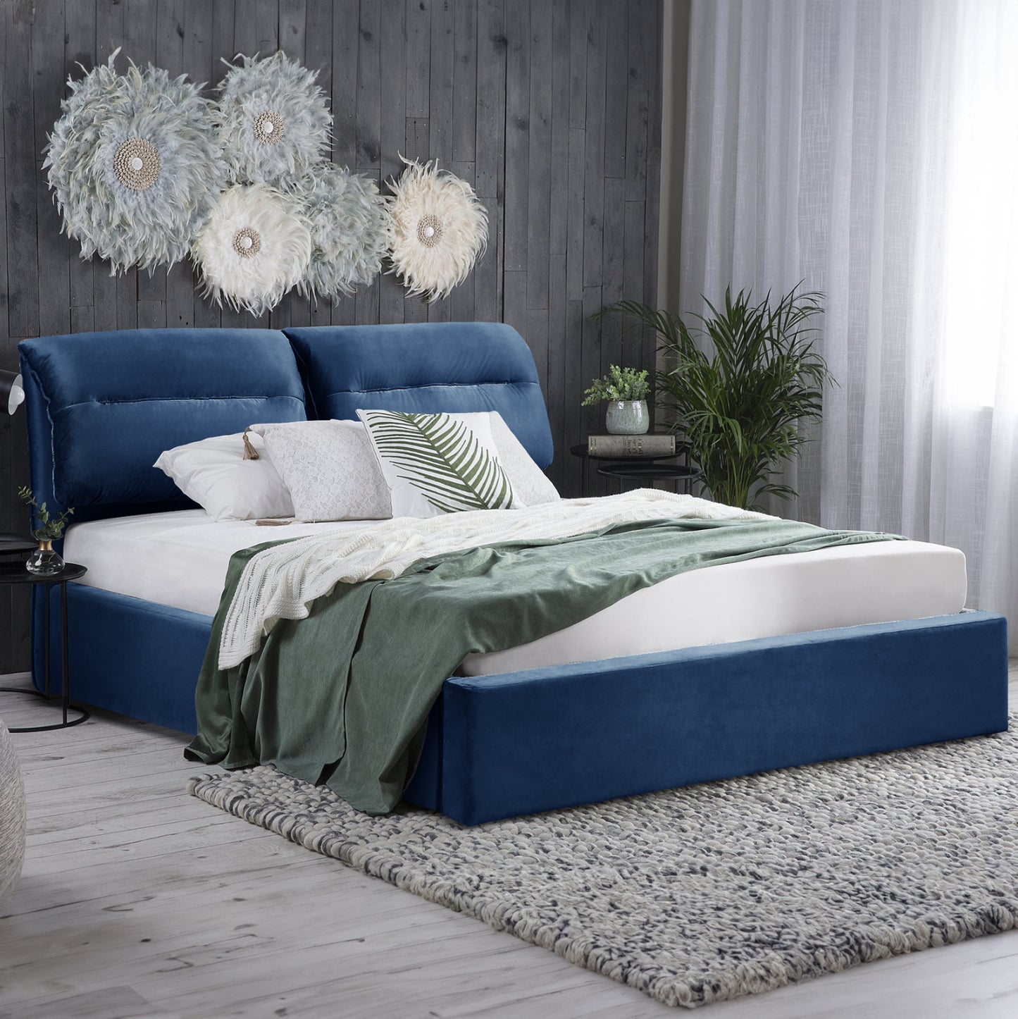 DOUBLE BED & MATTRESS KENDRA HM10831.18 BLUE VELVET WITH STORAGE SPACE--FOR 160x200cm